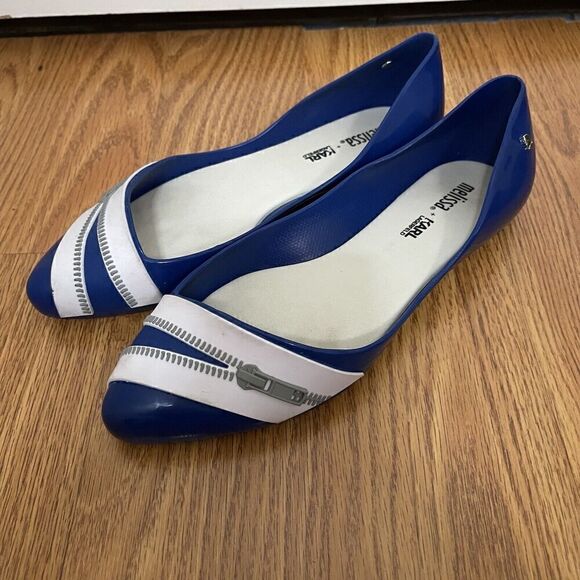 Melissa Shoes - Melissa x Karl lagerfeld blue zipper rubber pointed toe flats size US 6